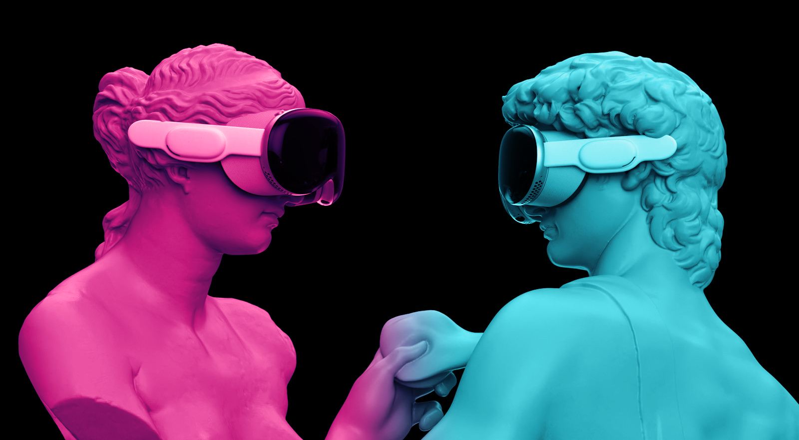 Classical statues wearing virtual reality headsets, with pink and turquoise lighting